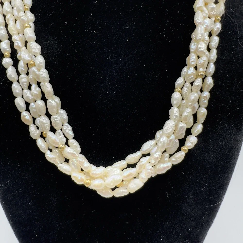 Vintage Multi-Strand Freshwater Rice/Seed Pearl Necklace Gold Tone Clasp 18" - Picture 12 of 14